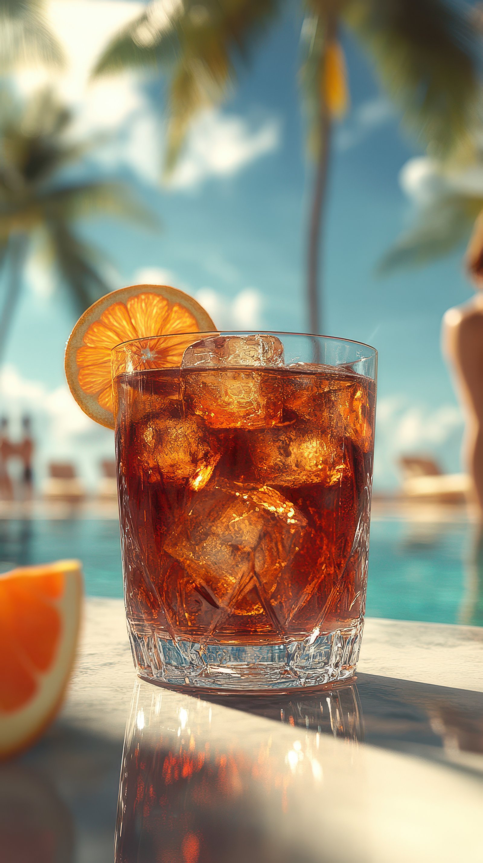 Refreshing cocktail with ice and orange slice by the poolside in tropical paradise on a sunny day